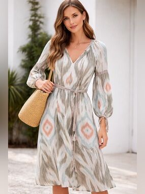 D’Ascoli XS Ikat Print Belted Midi Dress Boho Balloon Sleeve Lined Quiet Luxury